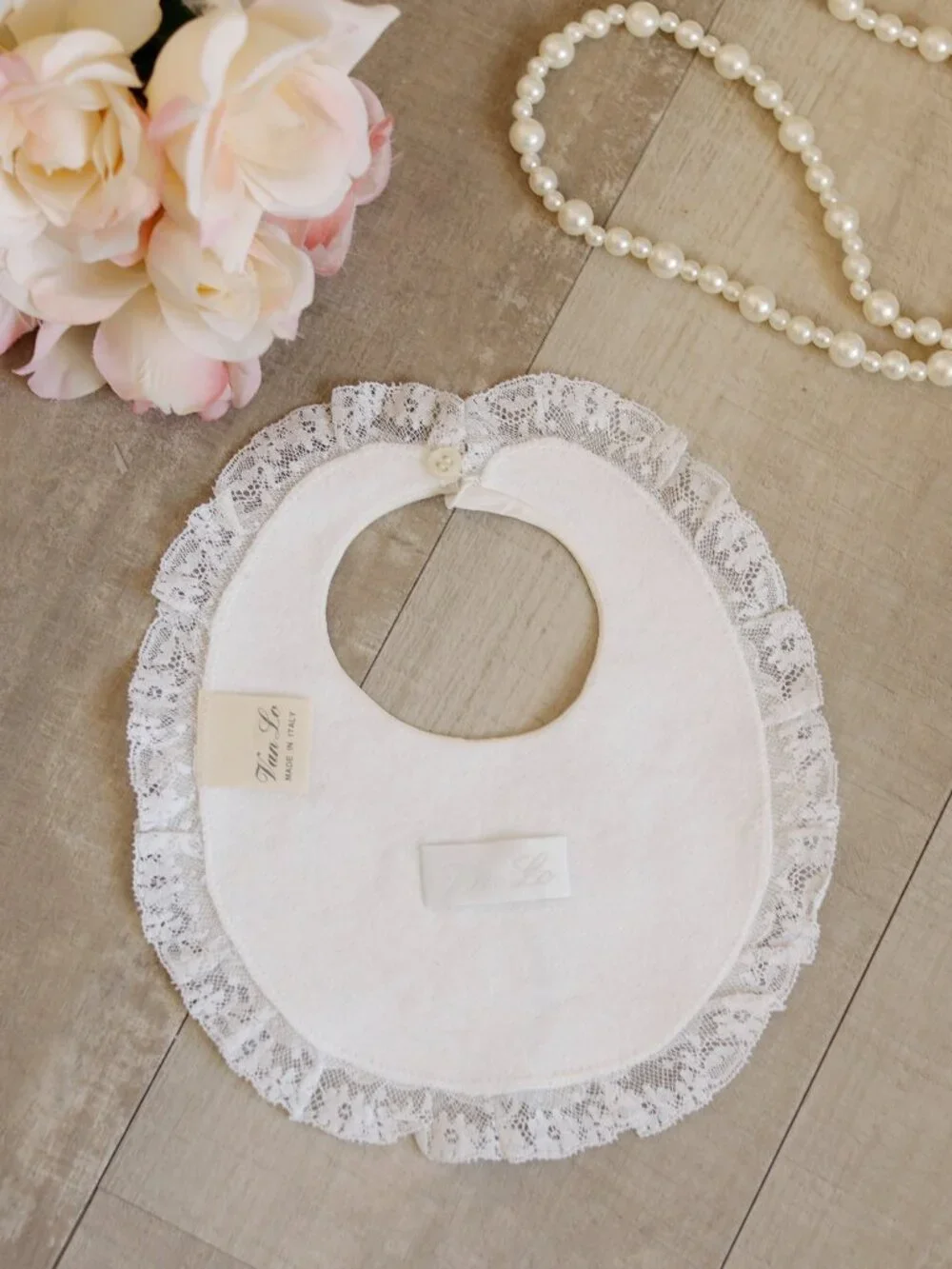 Luxury Heirloom Ivory Italian Silk Baby Bib Lace Ruffle Embroidered Keepsake